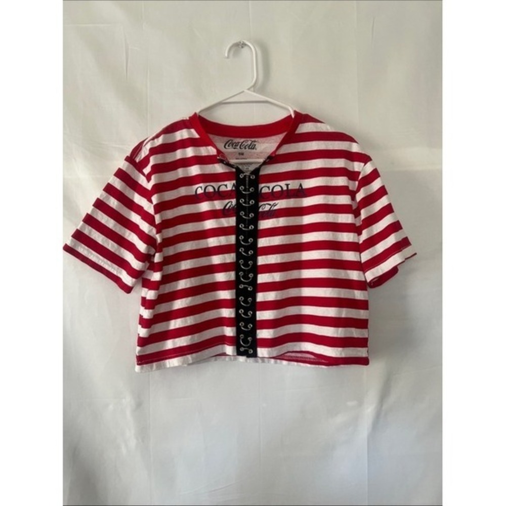 Coca-Cola Red White Striped Lace Up Front Crop Top Shirt Small